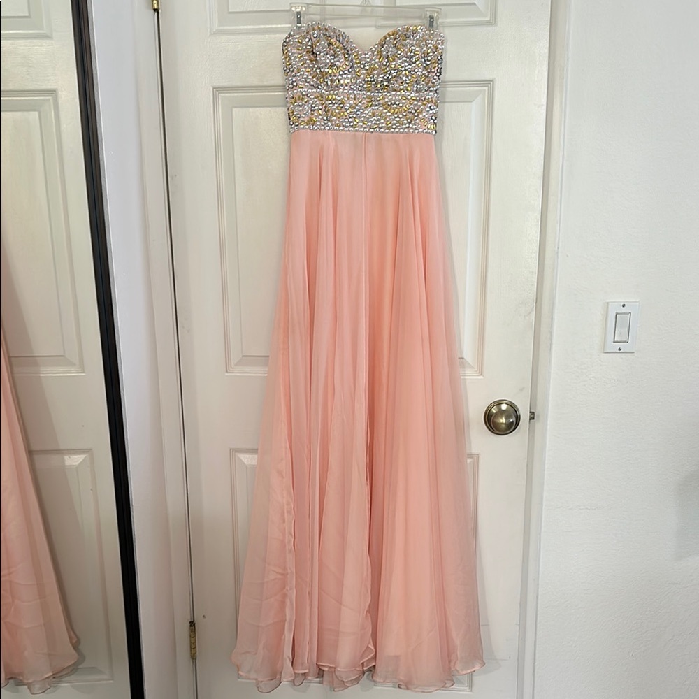 Jovani Strapless Pink Chiffon Dress w/ Beaded Bra